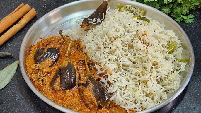Bagara Rice with Gutti Vankaya (stuffed eggplant curry)